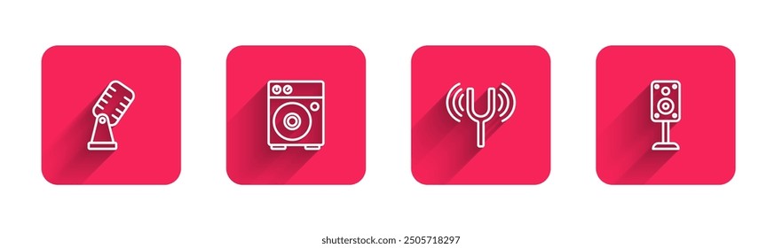 Set line Microphone, Guitar amplifier, Musical tuning fork and Stereo speaker with long shadow. Red square button. Vector