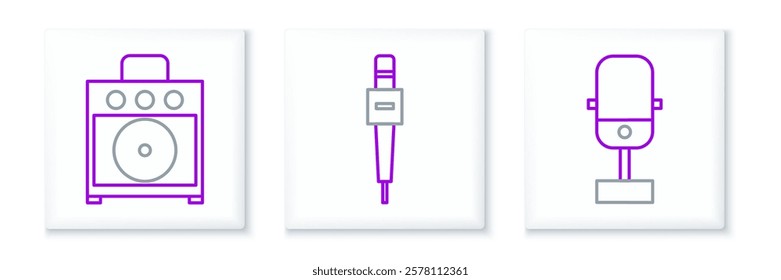 Set line Microphone, Guitar amplifier and  icon. Vector