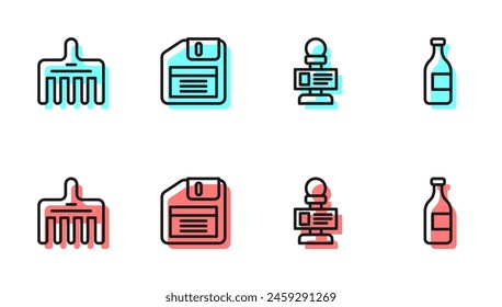 Set line Microphone, Hairbrush, Floppy disk and Bottle of wine icon. Vector