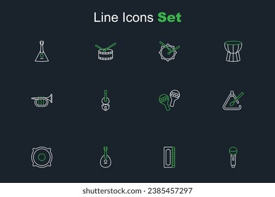 Set line Microphone, Harmonica, Mandolin, Stereo speaker, Triangle musical instrument, Maracas, Violin and Trumpet icon. Vector