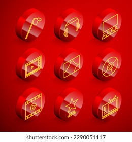 Set line Microphone, Headphones, Cinema auditorium with screen, Online play video, Curtain, CD DVD disk, Play Video and Movie trophy icon. Vector