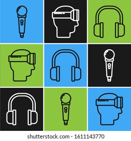 Set line Microphone, Headphones and Virtual reality glasses icon. Vector