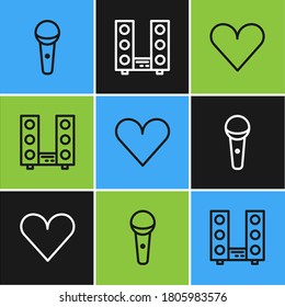 Set line Microphone, Heart and Home stereo with two speakers icon. Vector
