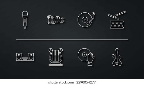 Set line Microphone, Home stereo with two speakers, Drum drum sticks, DJ playing music, Ancient Greek lyre, Xylophone, Electric bass guitar and Vinyl player icon. Vector