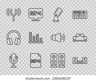 Set line Microphone, Home stereo with two speakers, MP4 file document, Musical tuning fork, equalizer, Stereo and Tambourine icon. Vector