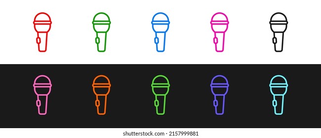 Fijar línea Icono de micrófono aislado en fondo blanco y negro. En el micrófono del micrófono del radio de aire. Firma del altavoz.  Vector