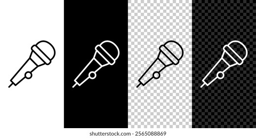 Set line Microphone icon isolated on black and white, transparent background. On air radio mic microphone. Speaker sign.  Vector