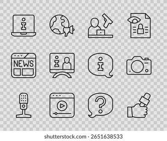 Definir linha Microfone, Notícias de jornalistas, Crime, Transmissão ao vivo, Informações, Reportagem televisiva, Balão de fala chat e ícone da câmera fotográfica. Vetor