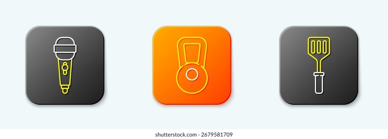 Set line Microphone, Kettlebell and Spatula icon. Vector