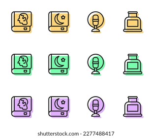 Fijar línea Micrófono, libro de leyes, icono Santo del Corán e Inkwell. Vector