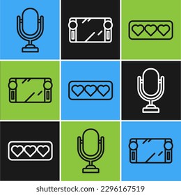 Set line Microphone, Like and heart and Portable video game console icon. Vector