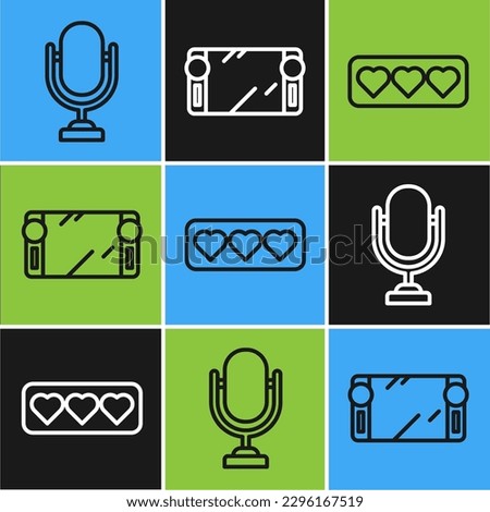 Set line Microphone, Like and heart and Portable video game console icon. Vector