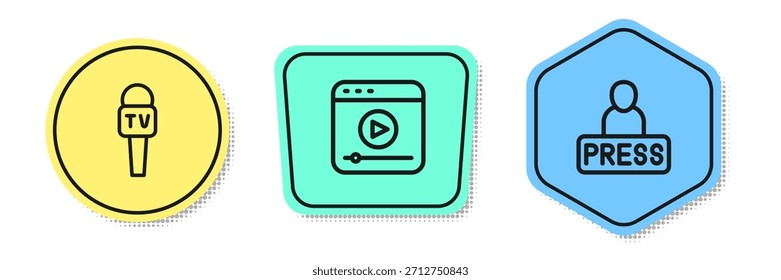 Establecer línea de micrófono, transmisión en vivo y noticias de periodistas. Formas de colores. Vector