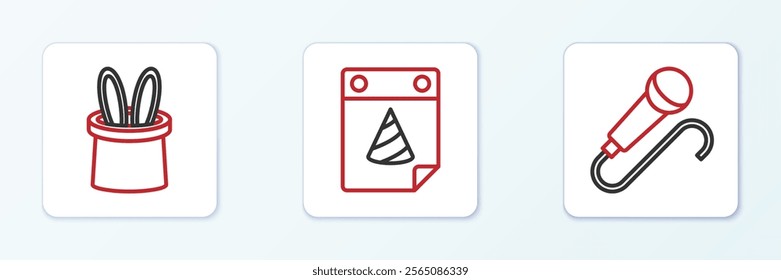 Set line Microphone, Magician hat and rabbit ears and Calendar party icon. Vector