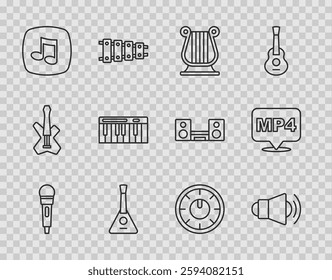 Set line Microphone, Megaphone, Ancient Greek lyre, Balalaika, Music note, tone, synthesizer, Sound mixer controller and MP4 file document icon. Vector
