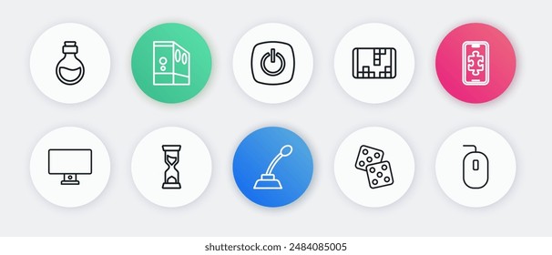 Set line Microphone, Mobile gaming, Computer monitor, Game dice, Portable video game console, Power button, mouse and Old hourglass icon. Vector