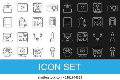 Set line Microphone, Movie trophy, Softbox light, Gimbal stabilizer with camera, Camera roll cartridge, Play Video, Sleeveless T-shirt and Sound mixer controller icon. Vector