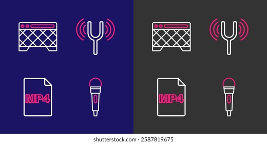 Set line Microphone, MP4 file document, Musical tuning fork and Guitar amplifier icon. Vector