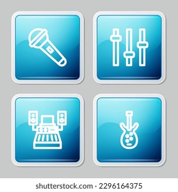 Set line Microphone, Music equalizer, recording studio and Electric bass guitar icon. Vector