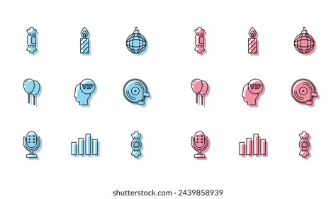 Set line Microphone, Music equalizer, Candy, Vip inside head, Vinyl disk, Balloons with ribbon and Birthday cake candles icon. Vector