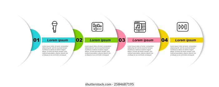 Set line Microphone, Music equalizer, player and Fast forward. Business infographic template. Vector