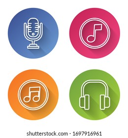 Set line Microphone, Music note, tone, Music note, tone and Headphones. Color circle button. Vector