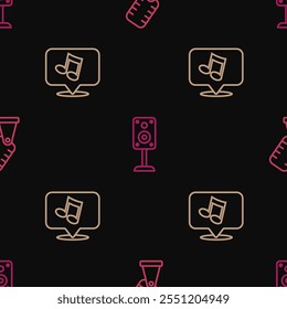 Set line Microphone, Music note, tone and Stereo speaker on seamless pattern. Vector