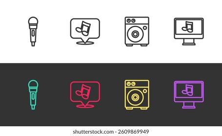 Set line Microphone, Music note, tone, Guitar amplifier and Computer with music on black and white. Vector