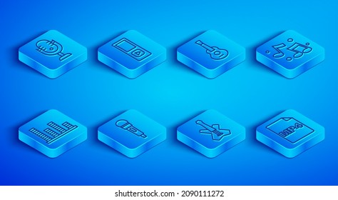 Set line Microphone, Music player, Guitar, Electric bass guitar, note, tone, equalizer and MP4 file document icon. Vector