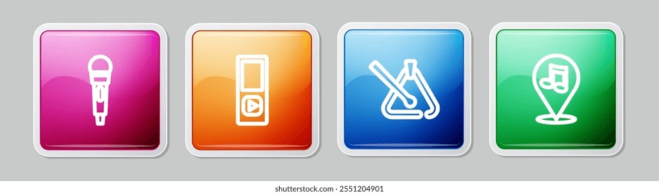 Set line Microphone, Music player, Triangle musical instrument and Location note. Colorful square button. Vector