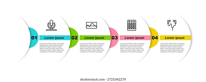 Micrófono de línea fija, ecualizador de onda de música, máquina de tambor y auriculares de aire. Plantilla de infografía de negocios. Vector