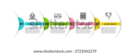 Set line Microphone, Music wave equalizer, Drum machine and Air headphones. Business infographic template. Vector