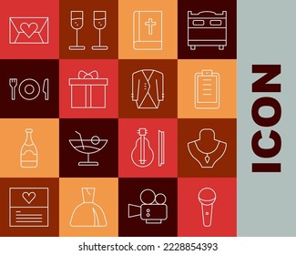 Set line Microphone, Necklace mannequin, Clipboard with checklist, Holy bible book, Gift box, Plate, fork and knife, Envelope Valentine heart and Suit icon. Vector