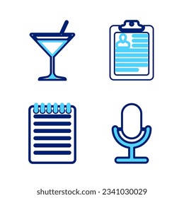 Set line Microphone, Notebook, Clipboard with resume and Martini glass icon. Vector