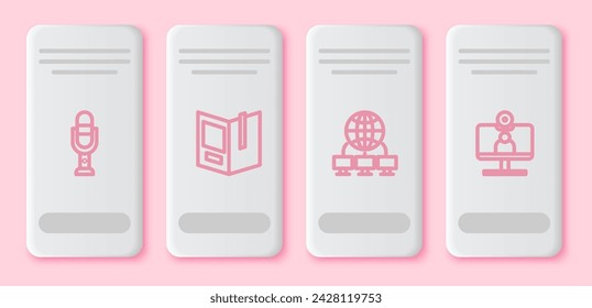 Set line Microphone, Open book, Computer network and Video chat conference. White rectangle button. Vector