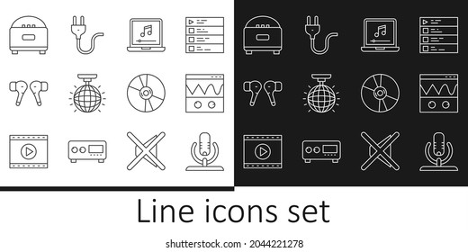 Set line Microphone, Oscilloscope, Laptop with music note, Disco ball, Air headphones, Stereo speaker, CD or DVD disk and Electric plug icon. Vector