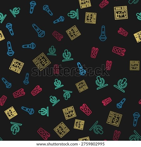 Set line Microphone, , Oscilloscope and Stereo speaker on seamless pattern. Vector