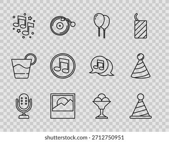 Set line Microphone, Party hat, Balloons with ribbon, Photo, Music note, tone, Ice cream in bowl and  icon. Vector