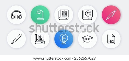 Set line Microphone, Pen, Fountain pen nib, Graduation cap, Book, Law book, FB2 File and User manual icon. Vector