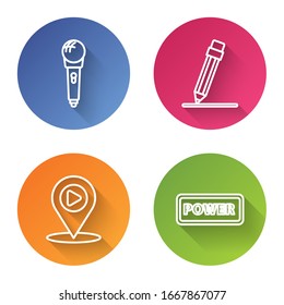Set line Microphone, Pencil with eraser, Digital media play with location and Power button. Color circle button. Vector