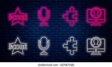 Legen Sie die Linie Mikrofon, Puzzleteil, Star und Create Account-Bildschirm. Leuchtendes Neonsymbol an der Ziegelwand. Vektorillustration