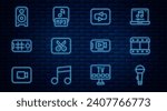 Set line Microphone, Play video, Repeat button, Music or editing, Selfie mobile, Stereo speaker, Online play and MP3 file icon. Vector