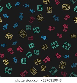 Set line Microphone, Play video, Speaker volume and Cinema camera on seamless pattern. Vector