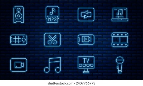 Set line Microphone, Play video, Repeat button, Music or editing, Selfie mobile, Stereo speaker, Online play and MP3 file icon. Vector