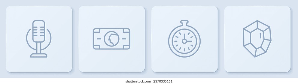 Línea Micrófono, reloj de bolsillo, pila dinero de papel y piedra de Gem. Botón cuadrado blanco. Vector