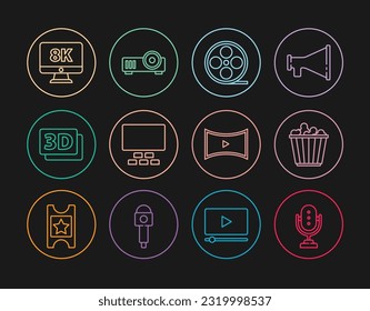 Set line Microphone, Popcorn in box, Film reel, Cinema auditorium with seats, 3D word, Monitor 8k, Online play video and Media projector icon. Vector