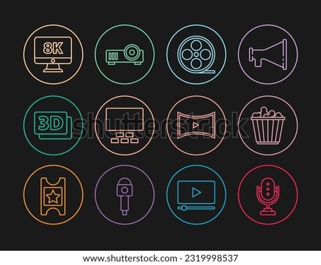 Set line Microphone, Popcorn in box, Film reel, Cinema auditorium with seats, 3D word, Monitor 8k, Online play video and Media projector icon. Vector
