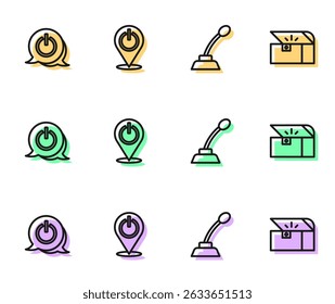 Set line Microphone, Power button,  and Chest for game icon. Vector