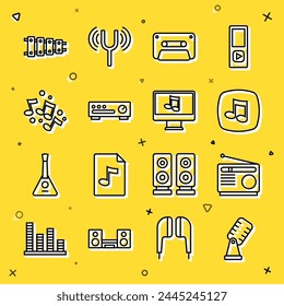 Set line Microphone, Radio, Music note, tone, Retro audio cassette tape, Sound mixer controller, Xylophone and Computer with music icon. Vector
