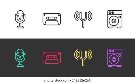 Set line Microphone, Retro audio cassette tape, Musical tuning fork and Guitar amplifier on black and white. Vector